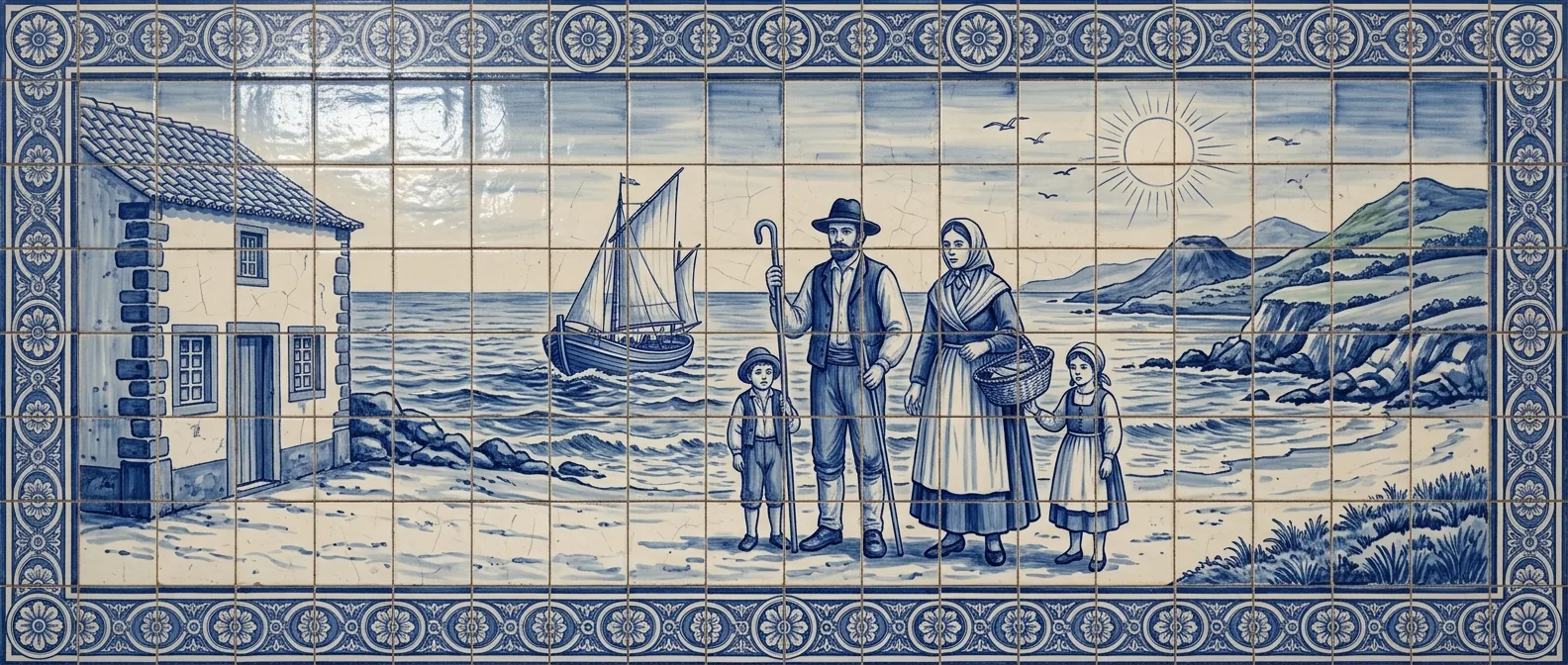 Painel de azulejos azul e branco: uma família açoriana à beira-mar, com uma casa de pedra, um barco à vela e a costa ao fundo.